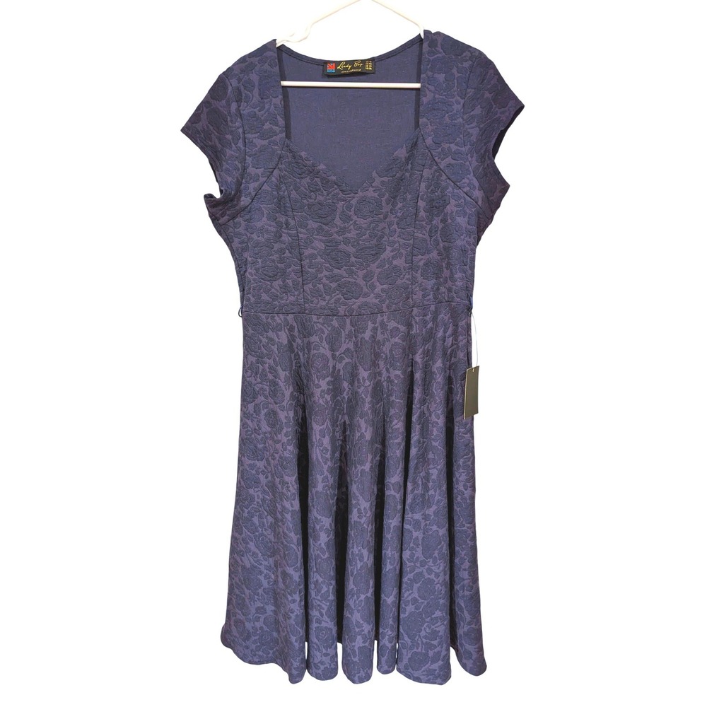 Lindy‎ Bop Victoria Dress US 2XL Navy Blue Floral Jacquard Retro Pinup Swing
